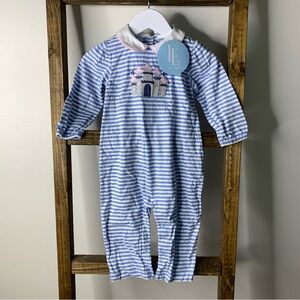 Little English Blue and White Striped Baby Romper with Castle Design 12M